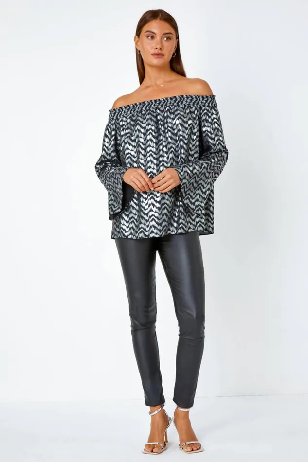 Women Silver Metallic ZigZag Print Bardot Top Roman Tops