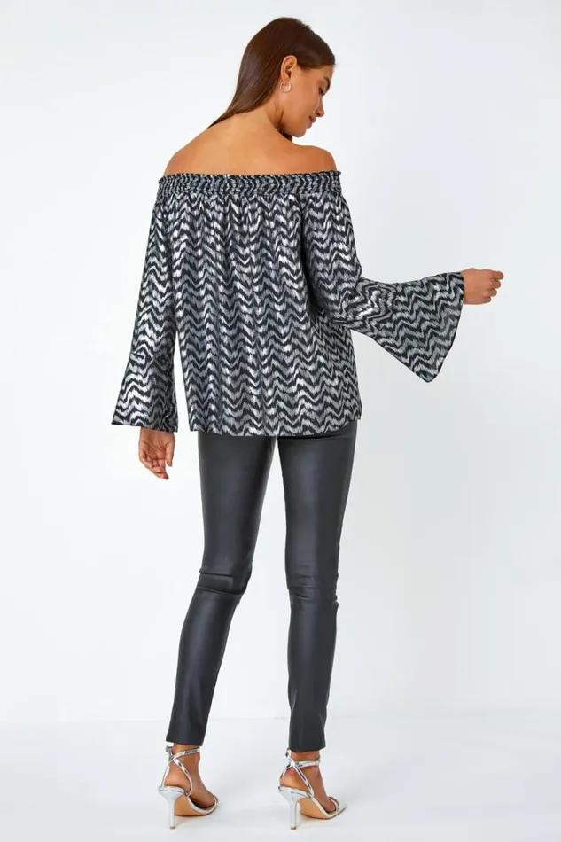 Women Silver Metallic ZigZag Print Bardot Top Roman Tops