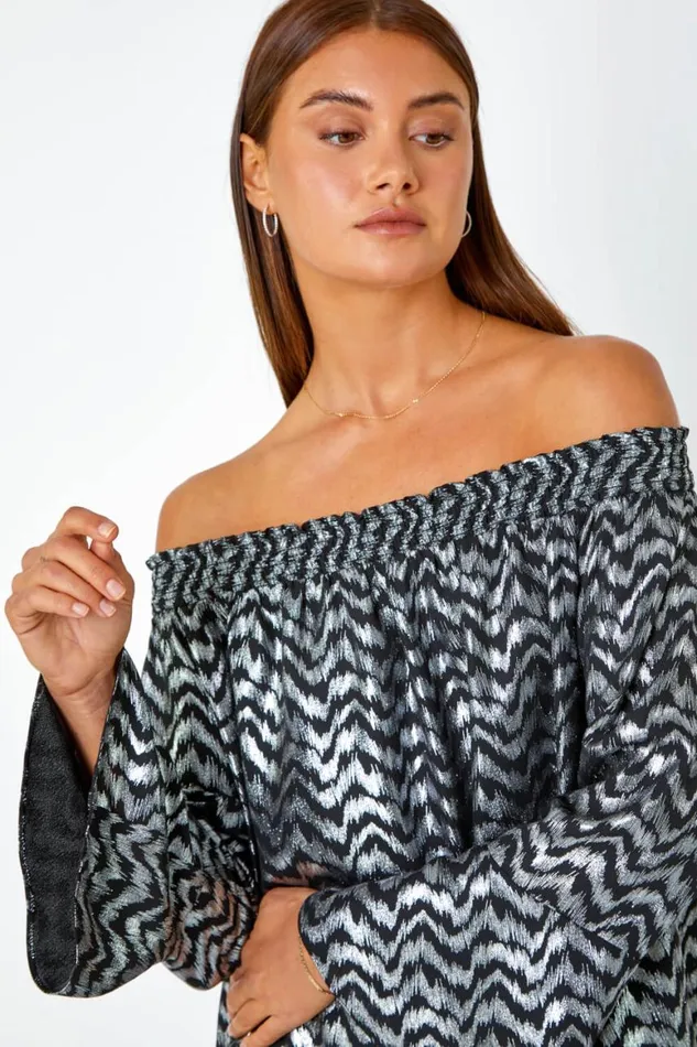 Women Silver Metallic ZigZag Print Bardot Top Roman Tops