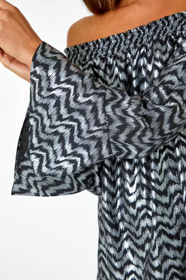 Women Silver Metallic ZigZag Print Bardot Top Roman Tops