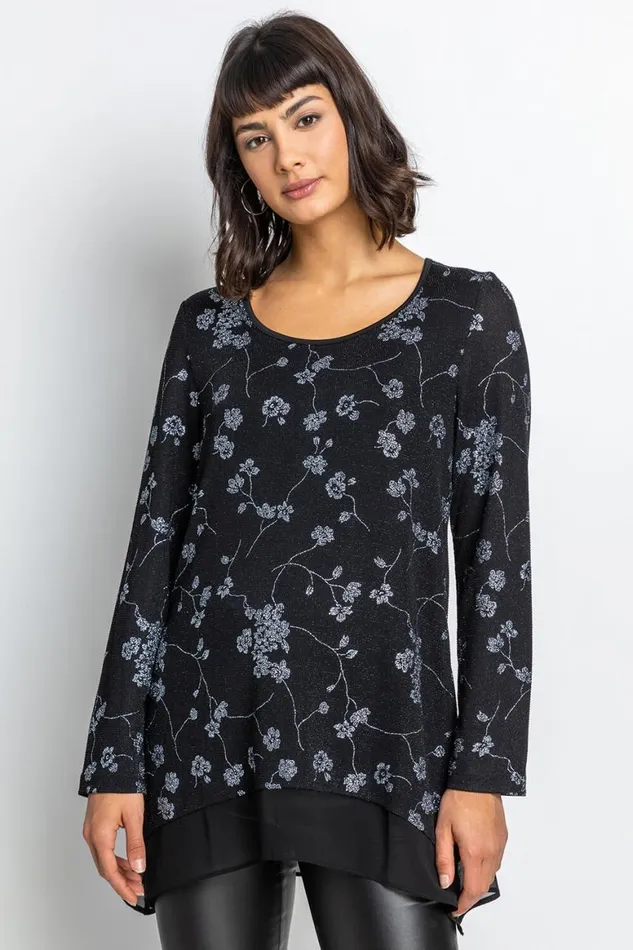 Women Silver Shimmer Floral Print Top Roman Tops