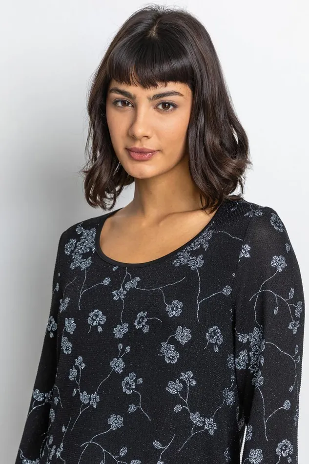 Women Silver Shimmer Floral Print Top Roman Tops
