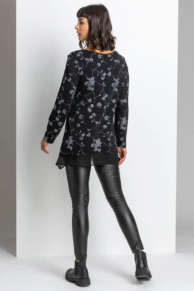 Women Silver Shimmer Floral Print Top Roman Tops