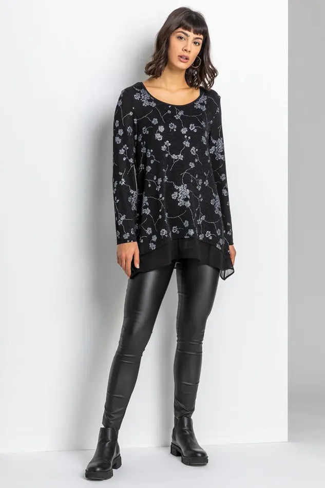 Women Silver Shimmer Floral Print Top Roman Tops