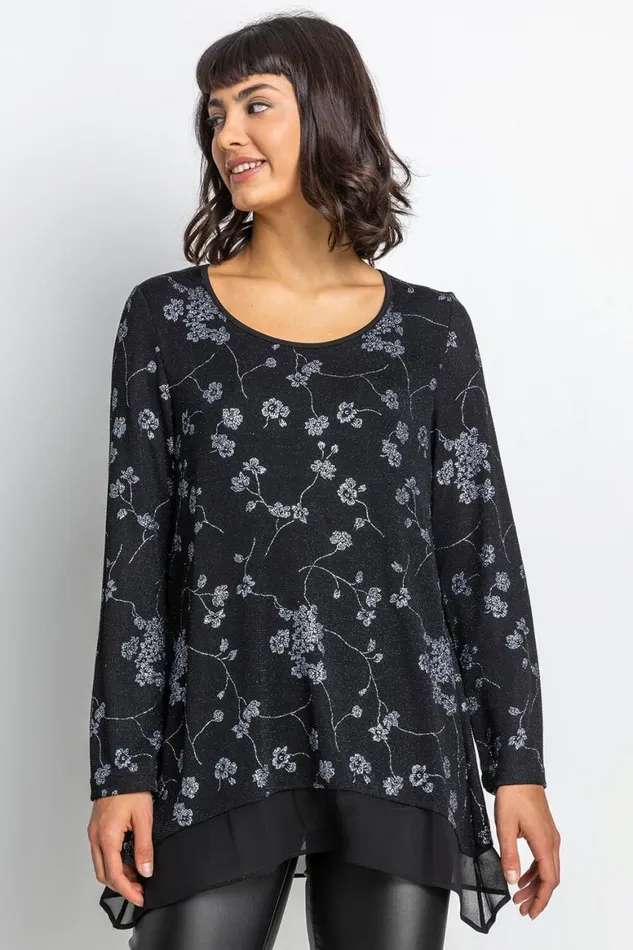 Women Silver Shimmer Floral Print Top Roman Tops