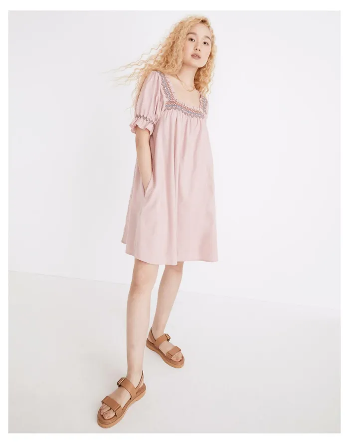 Women Smocked Neck Puff Sleeve Mini Dress Wisteria Dove Madewell Dresses