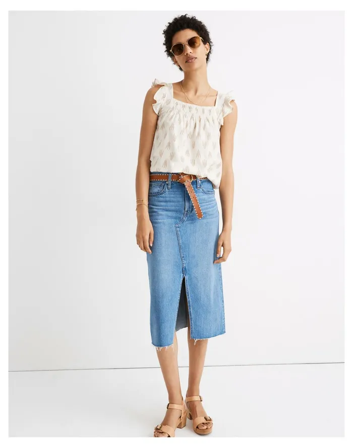 Women Smocked Ruffle Strap Tank Top In Ikat Dash Dash Earthen Sand Madewell Tees