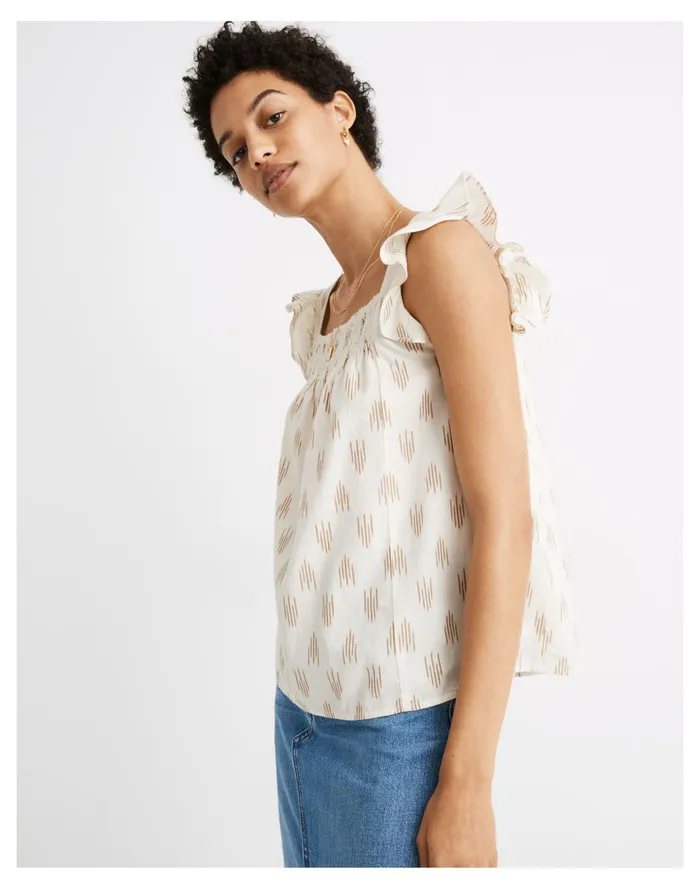 Women Smocked Ruffle Strap Tank Top In Ikat Dash Dash Earthen Sand Madewell Tees Women Smocked Ruffle Strap Tank Top In Ikat Dash Dash Earthen Sand Madewell Tees