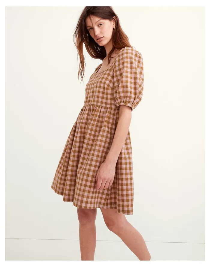 Women Square Neck Puff Sleeve Dress In Gingham Seersucker Spiced Olive Madewell Dresses