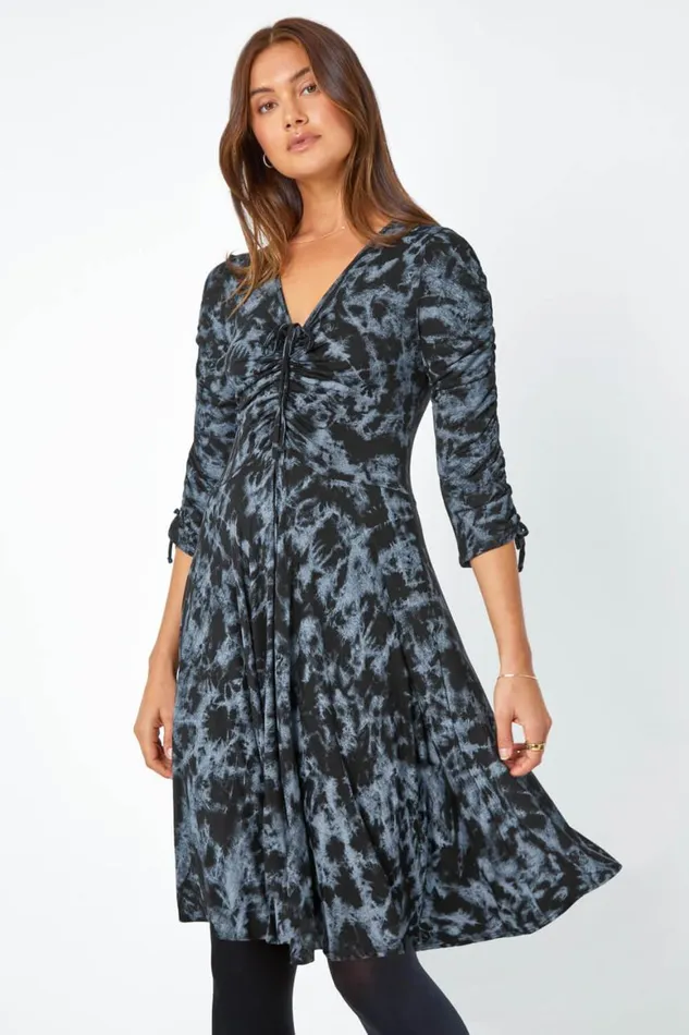 Women Steel Blue Abstract Print Ruched Stretch Dress Roman Dresses