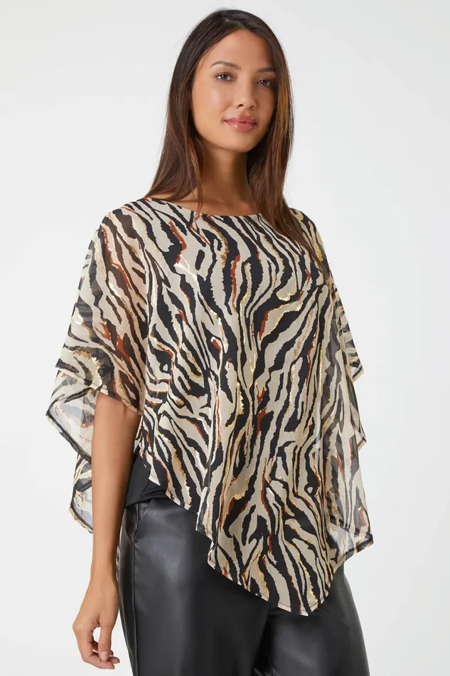 Women Stone Animal Foil Overlay Stretch Top Roman Tops