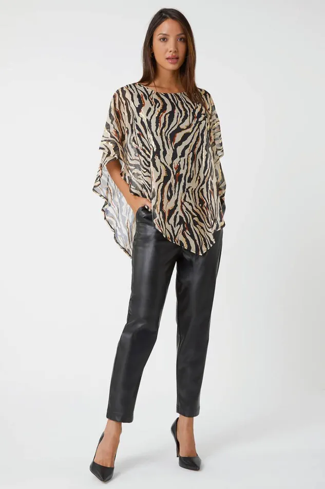 Women Stone Animal Foil Overlay Stretch Top Roman Tops