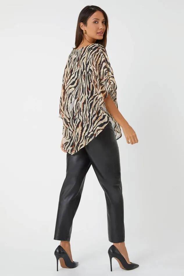 Women Stone Animal Foil Overlay Stretch Top Roman Tops