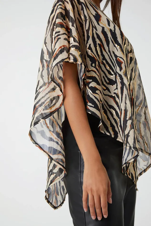 Women Stone Animal Foil Overlay Stretch Top Roman Tops