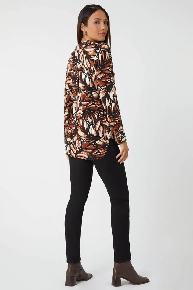 Women Stone Feather Print Stretch Shirt Roman Tops