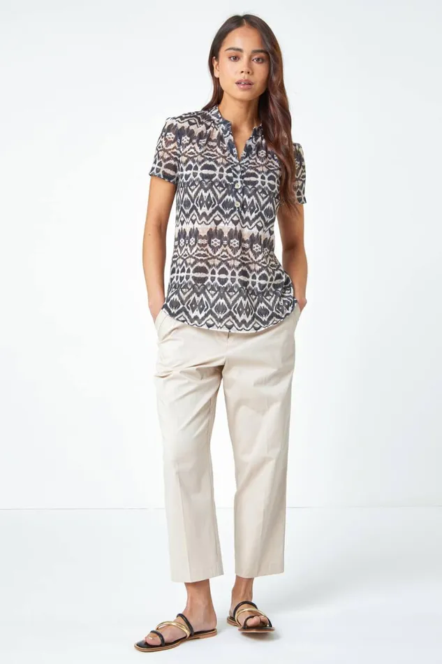 Women Stone Petite Aztec Print Button Detail VNeck Top Roman Tops