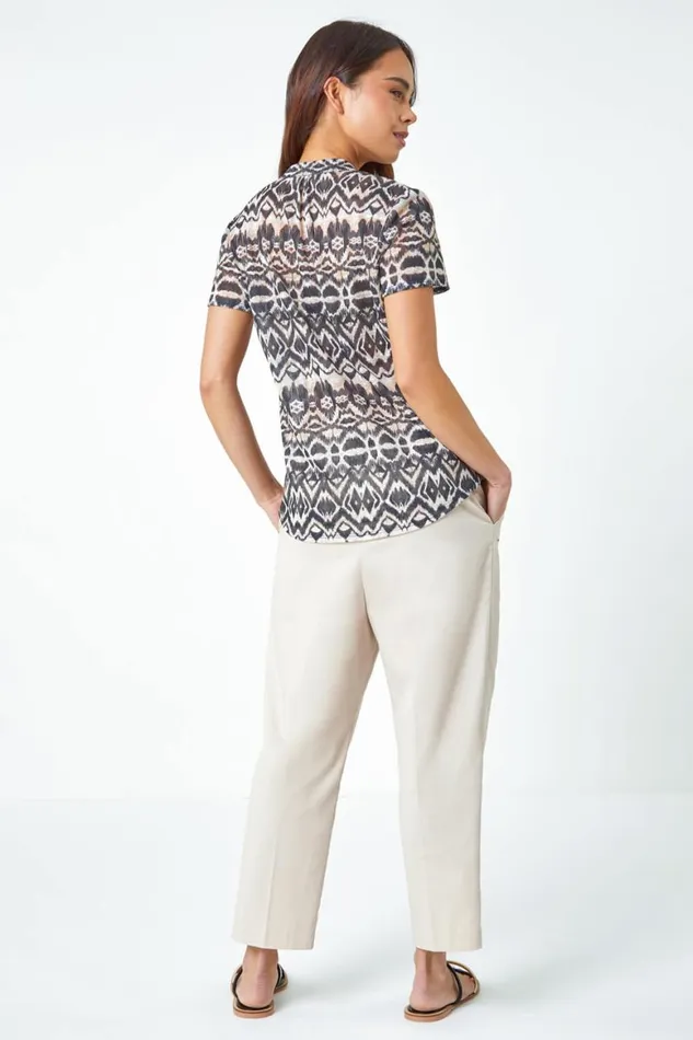 Women Stone Petite Aztec Print Button Detail VNeck Top Roman Tops