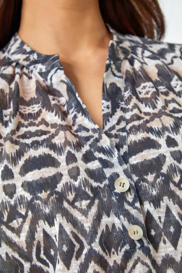 Women Stone Petite Aztec Print Button Detail VNeck Top Roman Tops