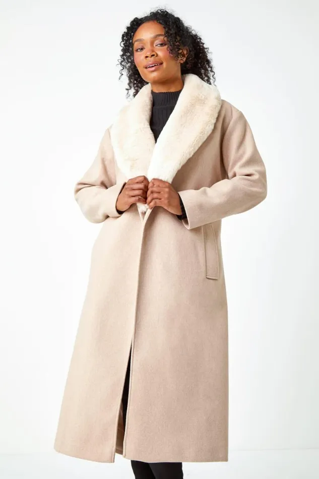 Women Stone Petite Faux Fur Collar Longline Coat Roman Coats