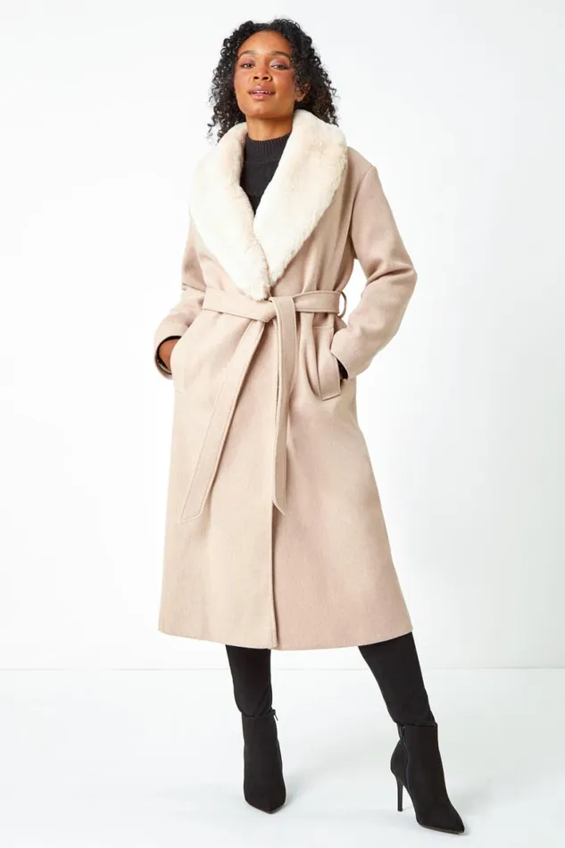 Women Stone Petite Faux Fur Collar Longline Coat Roman Coats