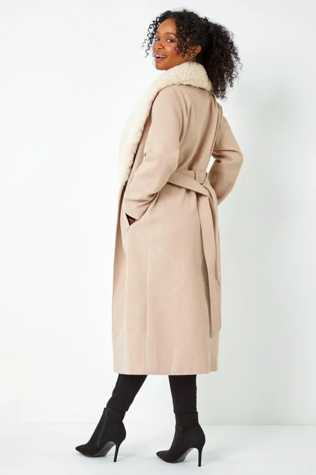 Women Stone Petite Faux Fur Collar Longline Coat Roman Coats
