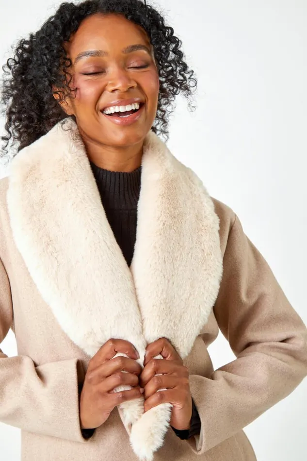 Women Stone Petite Faux Fur Collar Longline Coat Roman Coats