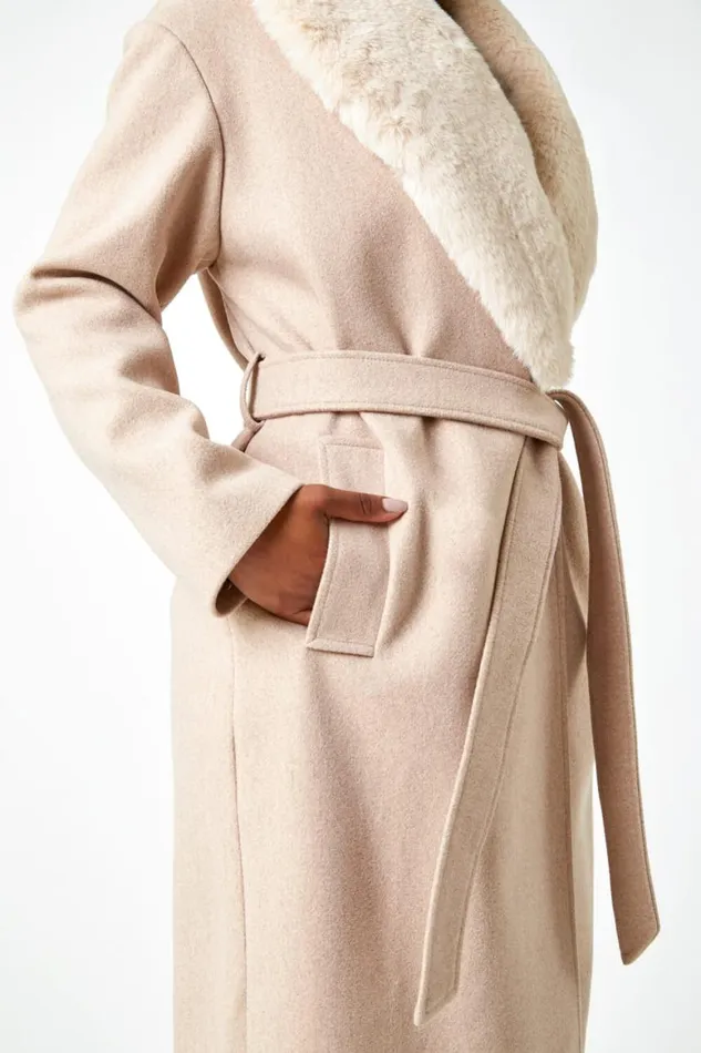 Women Stone Petite Faux Fur Collar Longline Coat Roman Coats