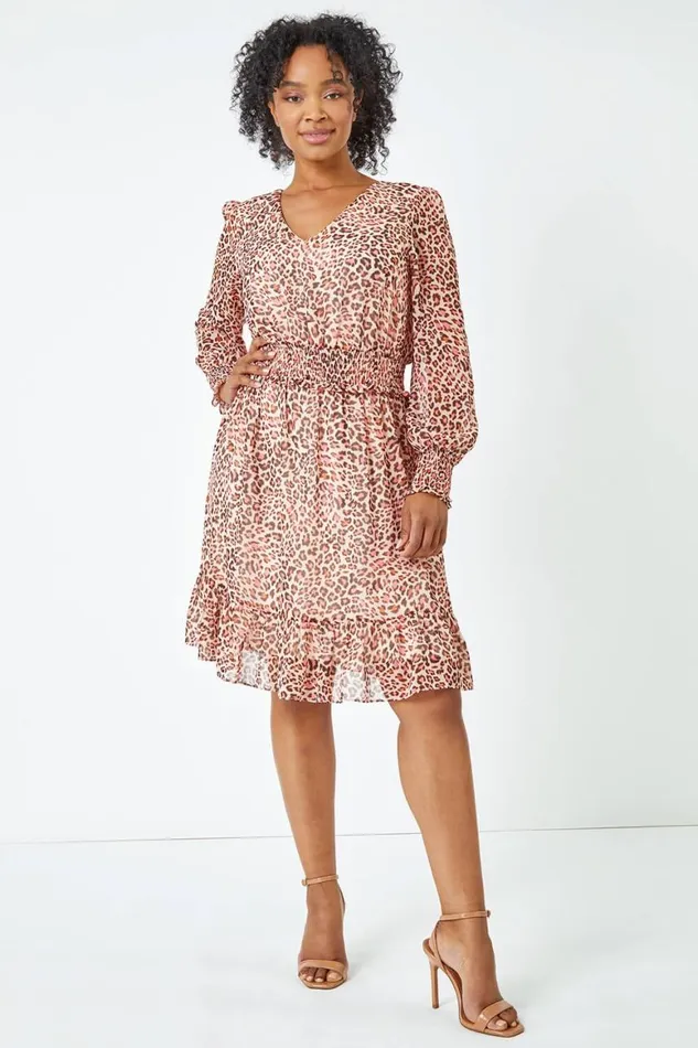 Women Stone Petite Leopard Chiffon Frill Tiered Dress Roman Dresses