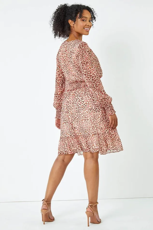 Women Stone Petite Leopard Chiffon Frill Tiered Dress Roman Dresses