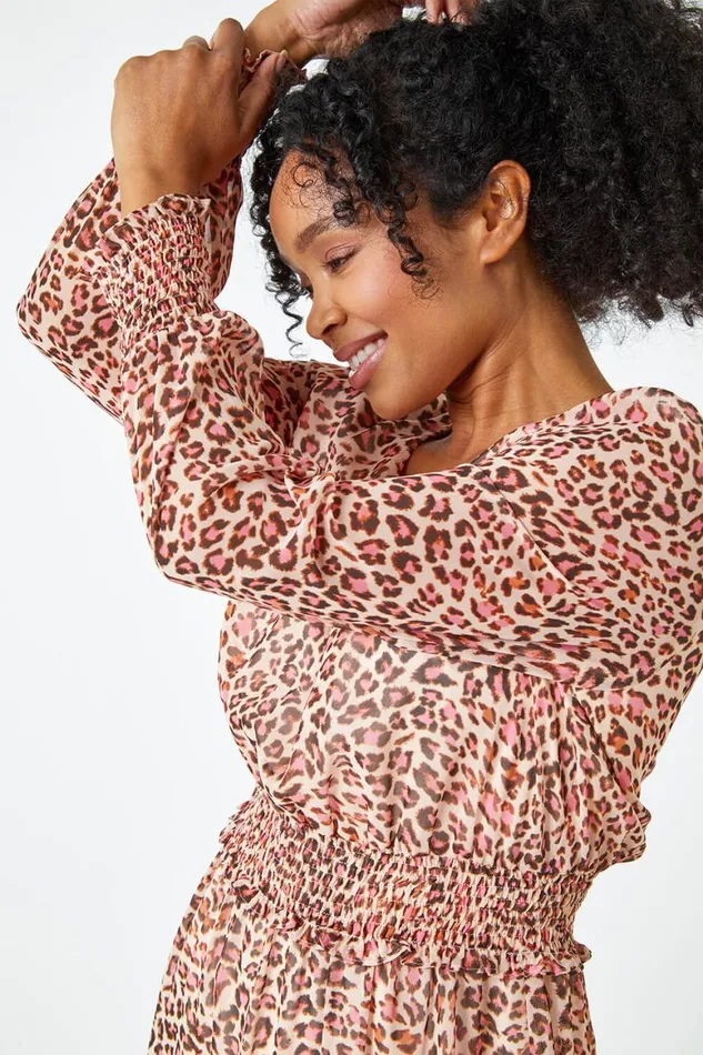Women Stone Petite Leopard Chiffon Frill Tiered Dress Roman Dresses
