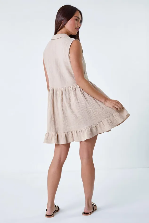 Women Stone Petite Textured Cotton Frill Tunic Dress Roman Dresses