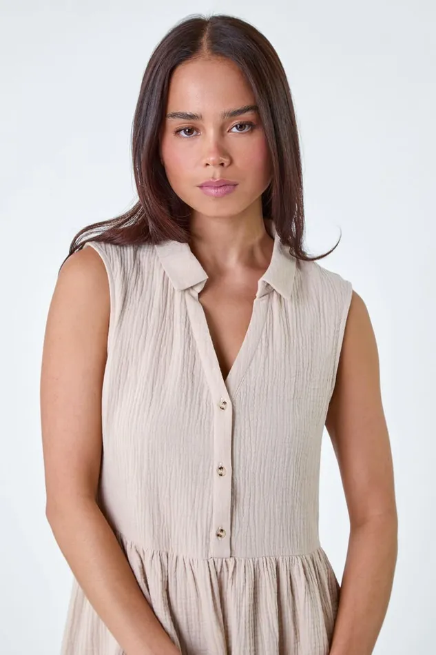 Women Stone Petite Textured Cotton Frill Tunic Dress Roman Dresses