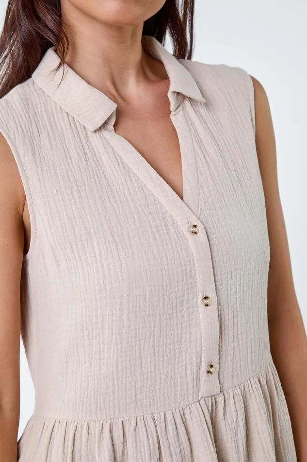 Women Stone Petite Textured Cotton Frill Tunic Dress Roman Dresses