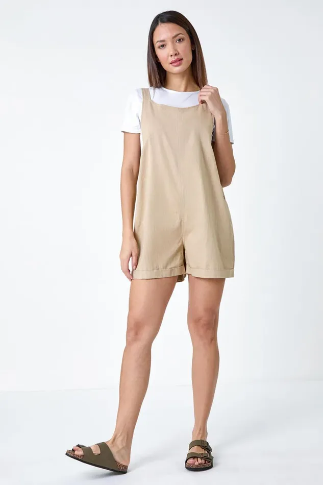 Women Stone Shoulder Tie Cotton Playsuit Roman Dresses
