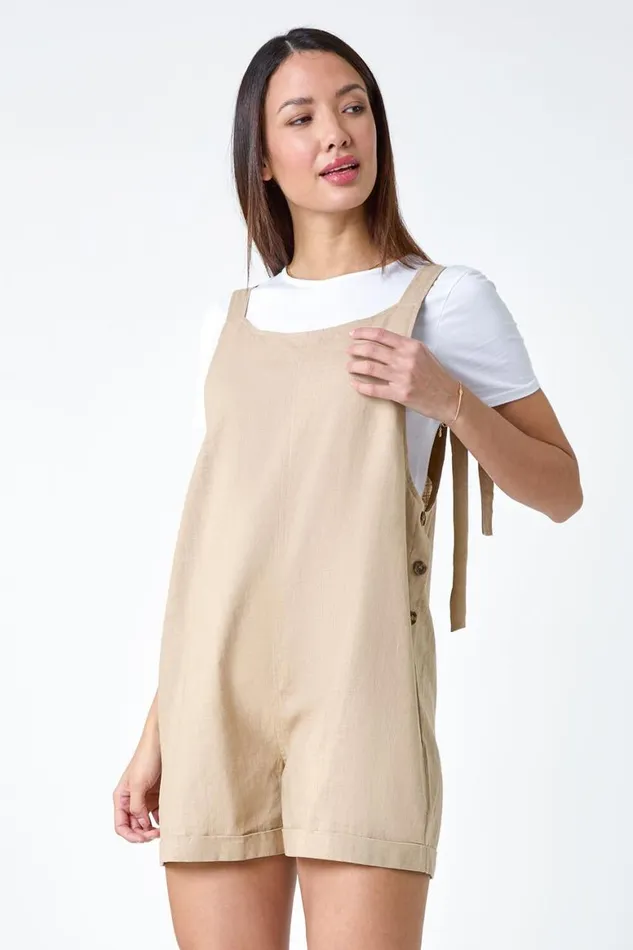 Women Stone Shoulder Tie Cotton Playsuit Roman Dresses