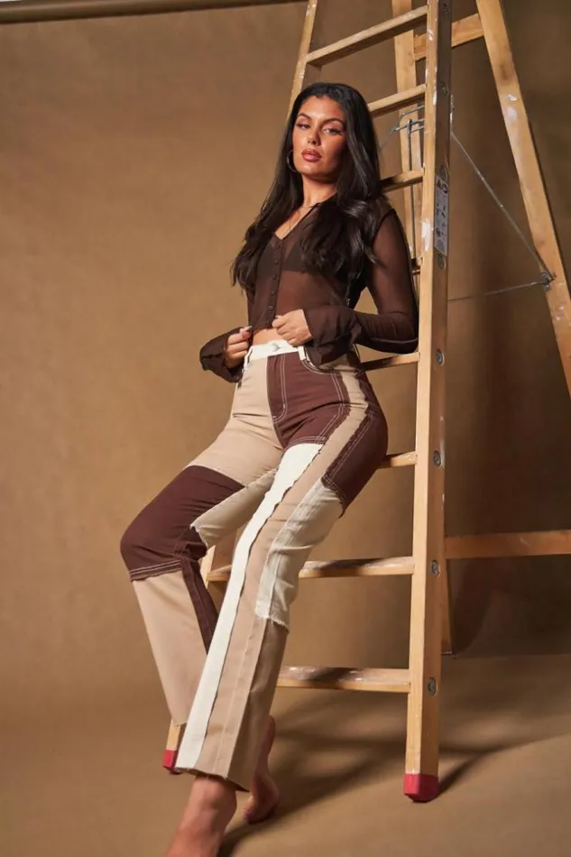 Women Straight Leg Jean In Patchwork Brown Tones Brentiny Paris Jeans