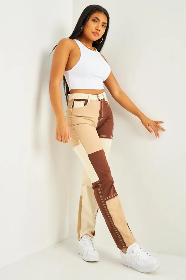 Women Straight Leg Jean In Patchwork Brown Tones Brentiny Paris Jeans