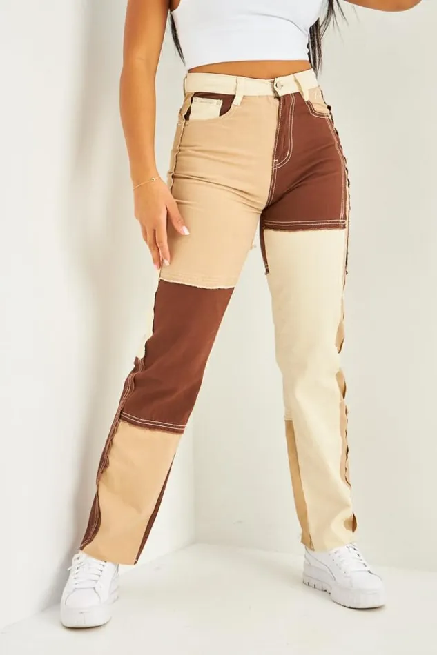 Women Straight Leg Jean In Patchwork Brown Tones Brentiny Paris Jeans