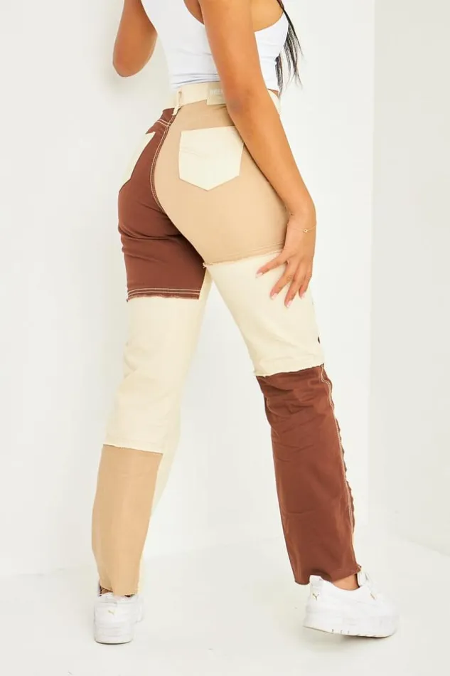 Women Straight Leg Jean In Patchwork Brown Tones Brentiny Paris Jeans