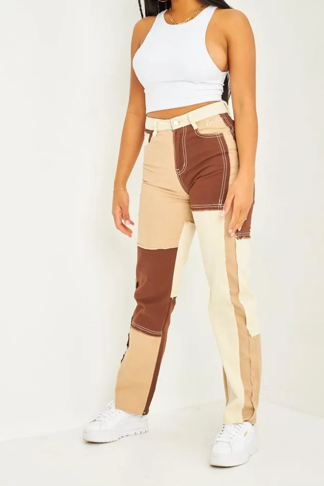 Women Straight Leg Jean In Patchwork Brown Tones Brentiny Paris Jeans