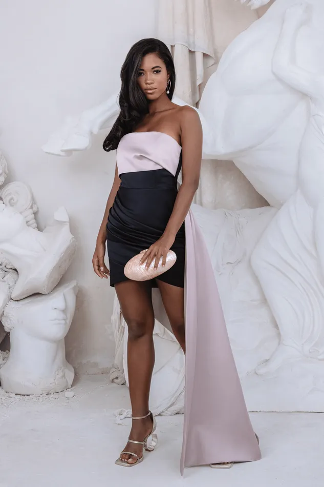 Women Strapless and Bandeau Dresses Lavish Alice OLYMPIA Extreme Drape Bandeau Satin Mini Dress In Black and Champagne Black and Champagne