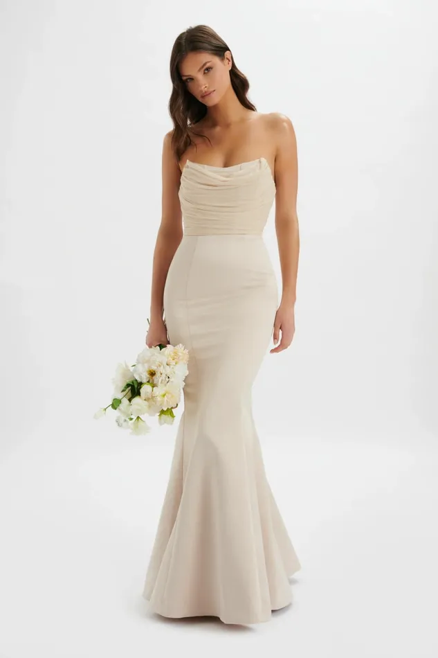 Women Strapless and Bandeau Dresses Lavish Alice RENATA Bonded Satin Corset Maxi Dress In Champagne Champagne
