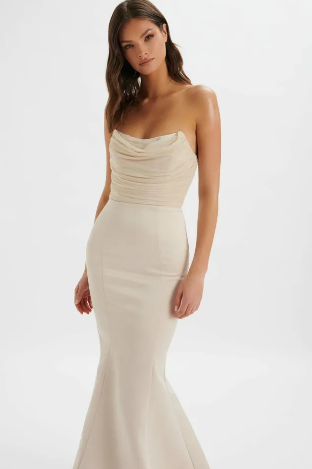 Women Strapless and Bandeau Dresses Lavish Alice RENATA Bonded Satin Corset Maxi Dress In Champagne Champagne