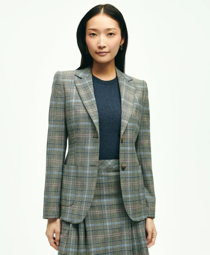 Women Stretch Wool Prince Of Wales Jacket Grey Multi Brooks Brothers Blazers