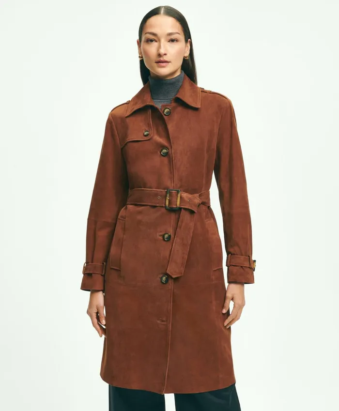 Women Suede Trench Coat Medium Brown Brooks Brothers Coats and Jackets
