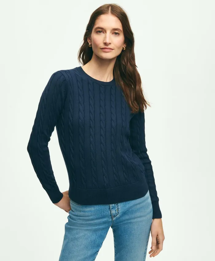 Women Supima Cotton Cable Crewneck Sweater Navy Brooks Brothers Sweaters