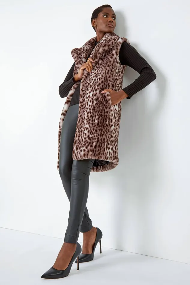 Women Taupe Animal Print Faux Fur Gilet Roman Coats