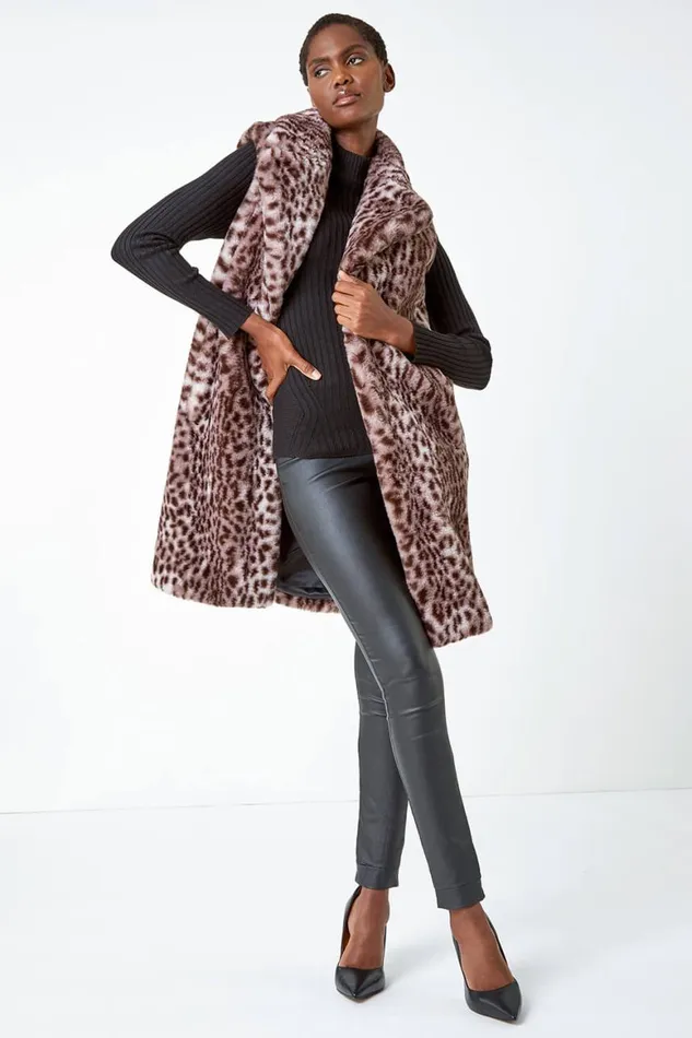 Women Taupe Animal Print Faux Fur Gilet Roman Coats