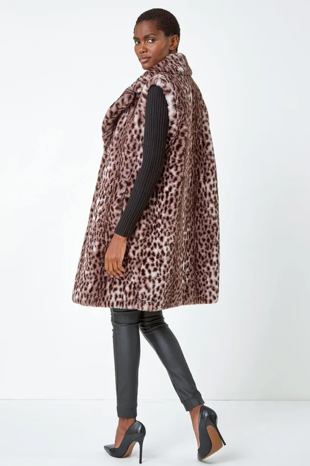 Women Taupe Animal Print Faux Fur Gilet Roman Coats