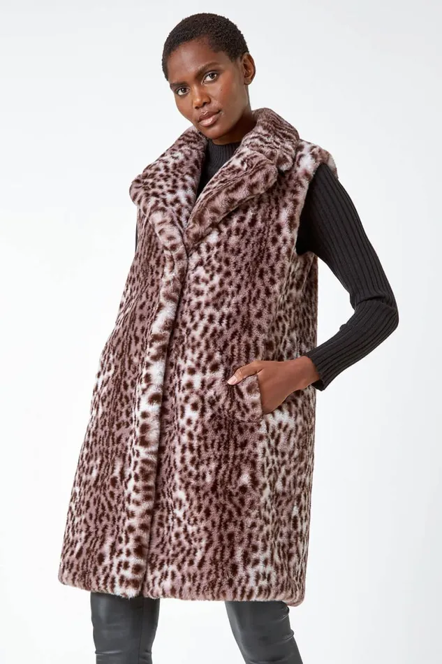 Women Taupe Animal Print Faux Fur Gilet Roman Coats